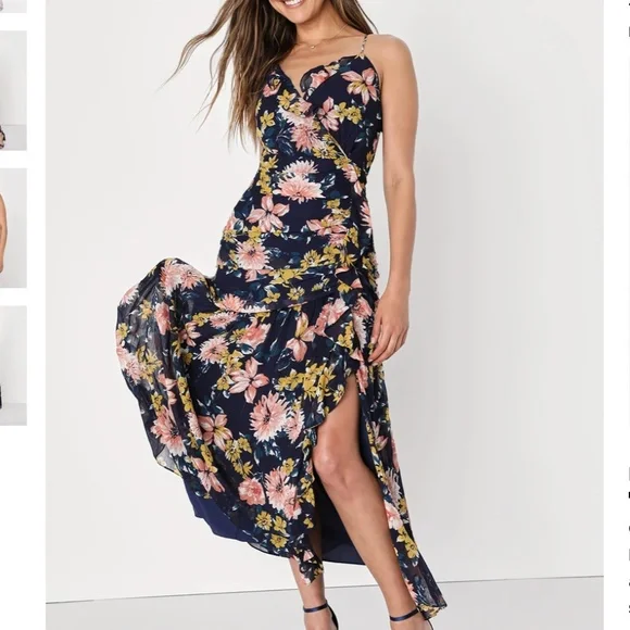 Lulus | Dresses | Stunning Soiree Navy Blue Floral Print Ruched Midi Dress  | Poshmark